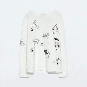 Zara Trafaluc White Knit Long Sleeve with Embroidery - M